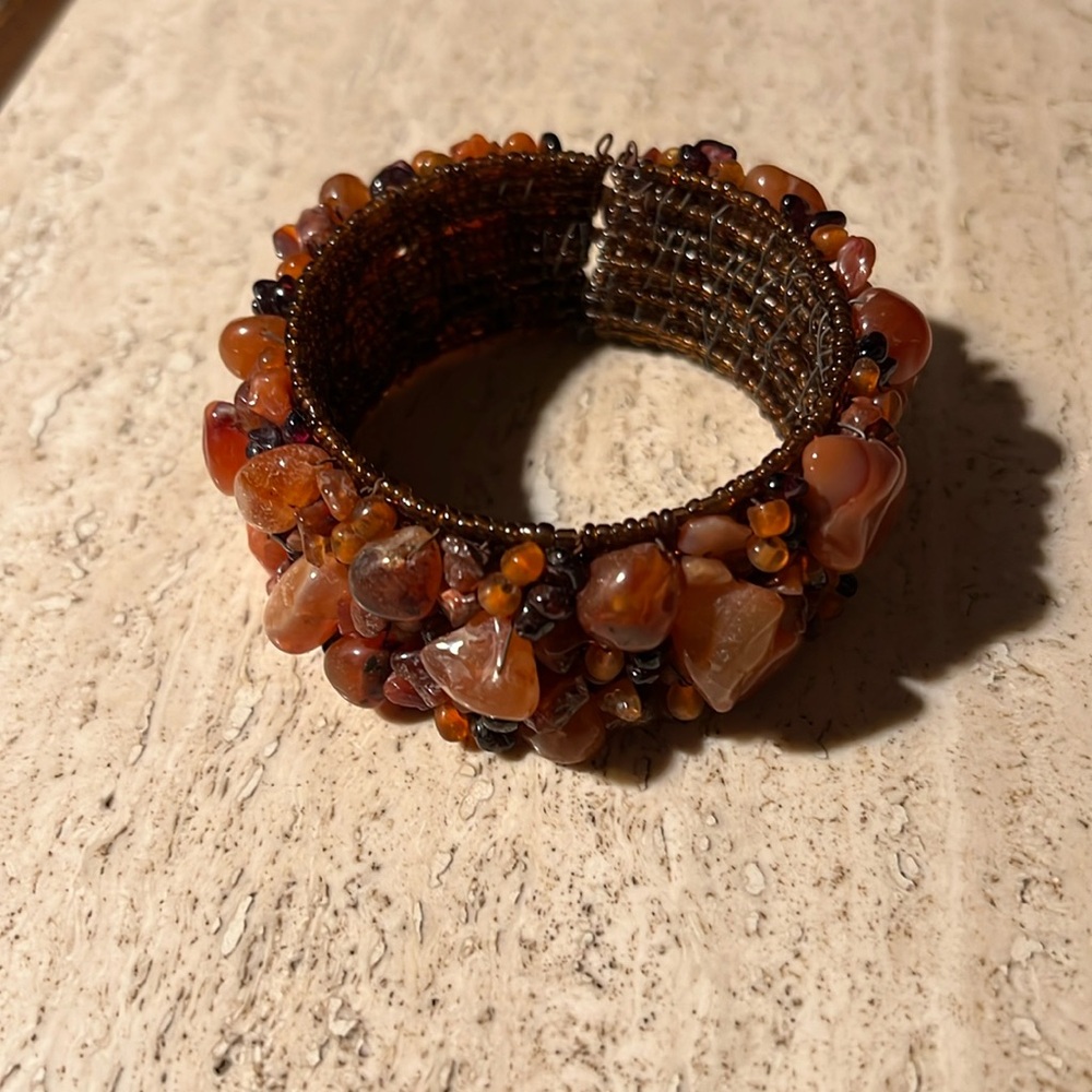 Carnelian Gemstone multi beaded brown glass cuff bracelet